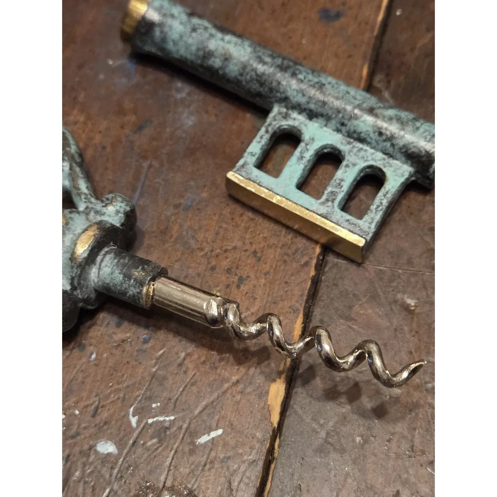 Vintage Brass Key Shaped Wine Key & Bottle Opener Green Patina Finish 5.5